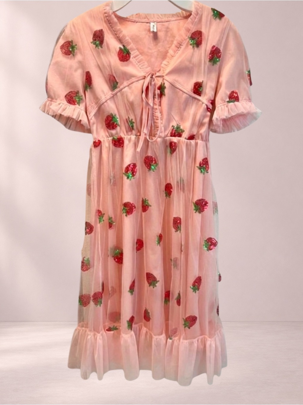 Pink Strawberry Sequin Mesh Midi Dress M Coquette Cottagecore Fairycore Feminine